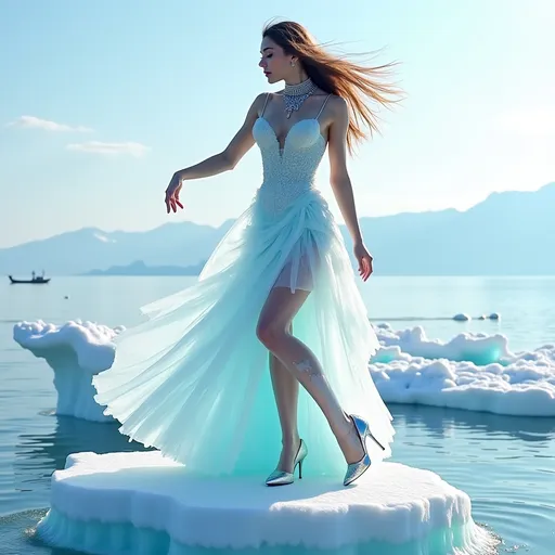 Prompt: 25-year-old gorgeous ultra-muscular Czechian goddess with long muscular legs and long flowing hair of ice wearing a long flowing gown made of ice, ice choker, ice jewelry, and 8 inch stiletto high heel shoes of ice dancing on iceberg. Frozen ocean waves background.