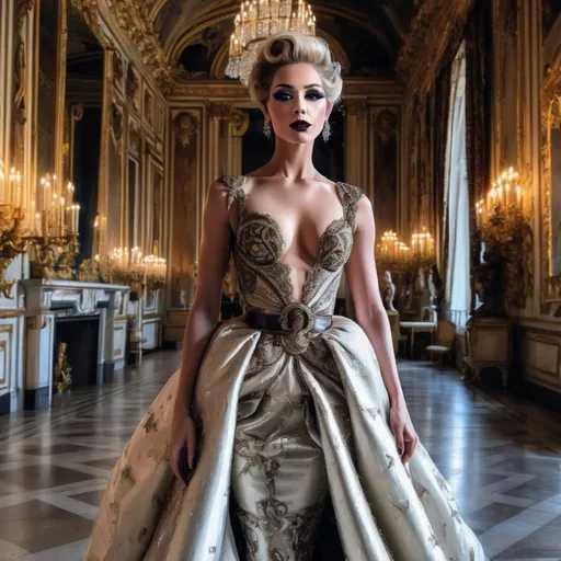 Prompt: Design a modern glamorous wedding dress worn by a real life gorgeous German drag queen ((strong masculine jawline and brow features)) model dress to be daring and glamorous and elegant, dark eye makeup, dark lipstick.  Posing in the Palace of Versailles.