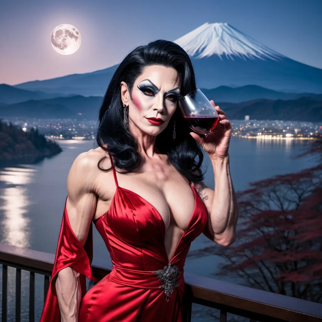 Prompt: Gorgeous muscular 45-year-old Greman drag queen (with strong masculine jawline) in a red gown, black hair, drinking blood wine at the balcony. She smirks in content and pleasure. Gothic style. Full moon. Lake Ashi with clear mount Fuji in the background. Winter time.