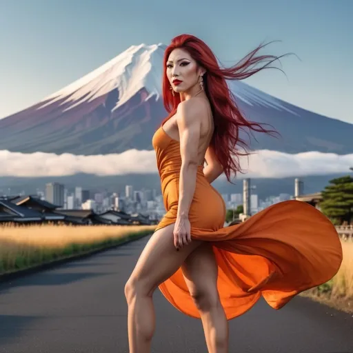 Prompt: Hi-res, 8k hd, Full body photography, Gorgeous tall muscular Japanese drag queen bodybuilder, 25-year-old, ultra-long straight dark orange hair (((blowing in wind))), long muscular legs, muscular physique, dark smoky eyeshadow, dark red lipstick, smiling, short yellow cotton sundress, 8 inch stiletto high heel shoes, standing in front of the Mt. Fuji at dusk, 8k photo, elegant, stylish, detailed features, highres, natural lighting, vibrant colors. Full length photography, full body photography. Ultra-detailed,  ultra-realistic. 