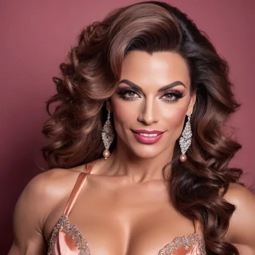 Prompt: Front view, half-body shot, portraiture of a beautiful stylish 35-year-old French drag queen bodybuilder (((with strong masculine jawline and brow))), with big busom and very long curly dark crimson hair smiling sweetly, bright hazel colored eyes, professional dark eye make up and lipstick, dressed in laced peach satin evening dress, perfect muscular body, relax pose, jovial mode, luxurious gold accessories, warm romantic ambience, glittering romantic pendant chandeliers, bokeh effects, lens flare, intricate details, HDR, beautifully shot, hyperrealistic, sharp focus, 64 megapixels, perfect composition, high contrast, cinematic, atmospheric, moody, ISO400, shots made by professional Hassleblad professional lens, no errors at all