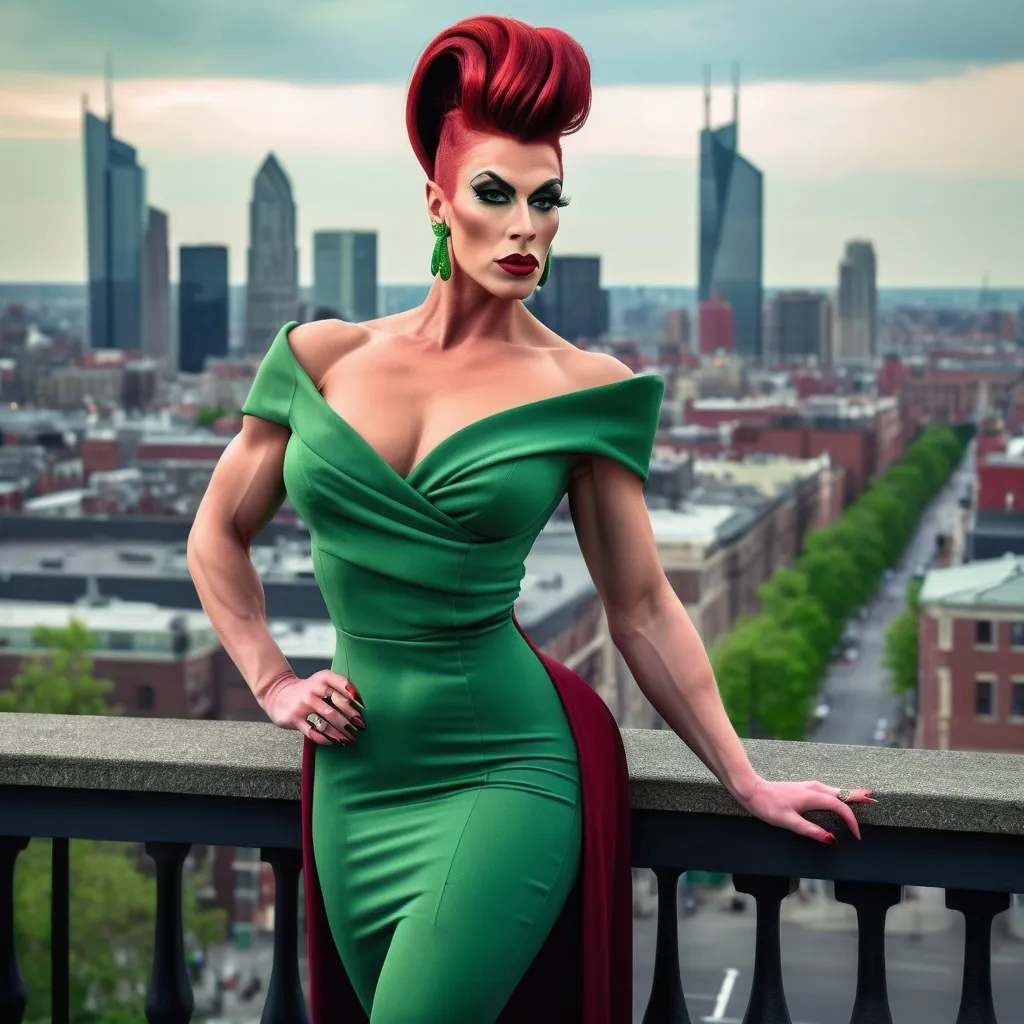 Prompt: Gorgeous muscular 25-year-old Belgian drag queen (strong masculine jawline and brow) with very long dark red tight updo hair in a green outfit and 8 inch stiletto high heel shoes, with a cityscape background, Erlund Hudson, transgressive art, promotional image, a character portrait