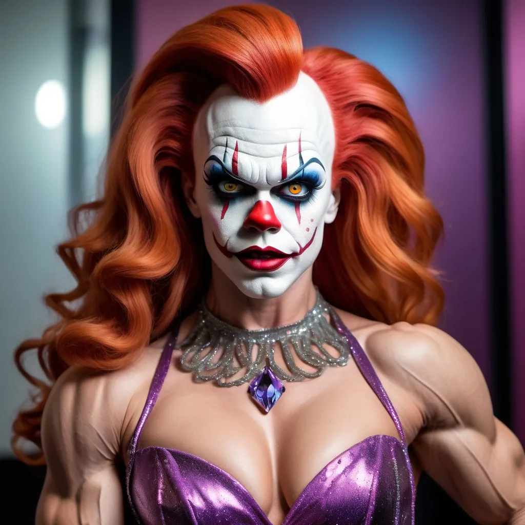 Prompt: Pennywise dressed up as a gorgeous ultra-muscular 25-year-old Czechian drag queen bodybuilder with very long hair and beautiful ballroom gown, 8 inch stiletto high heel shoes.