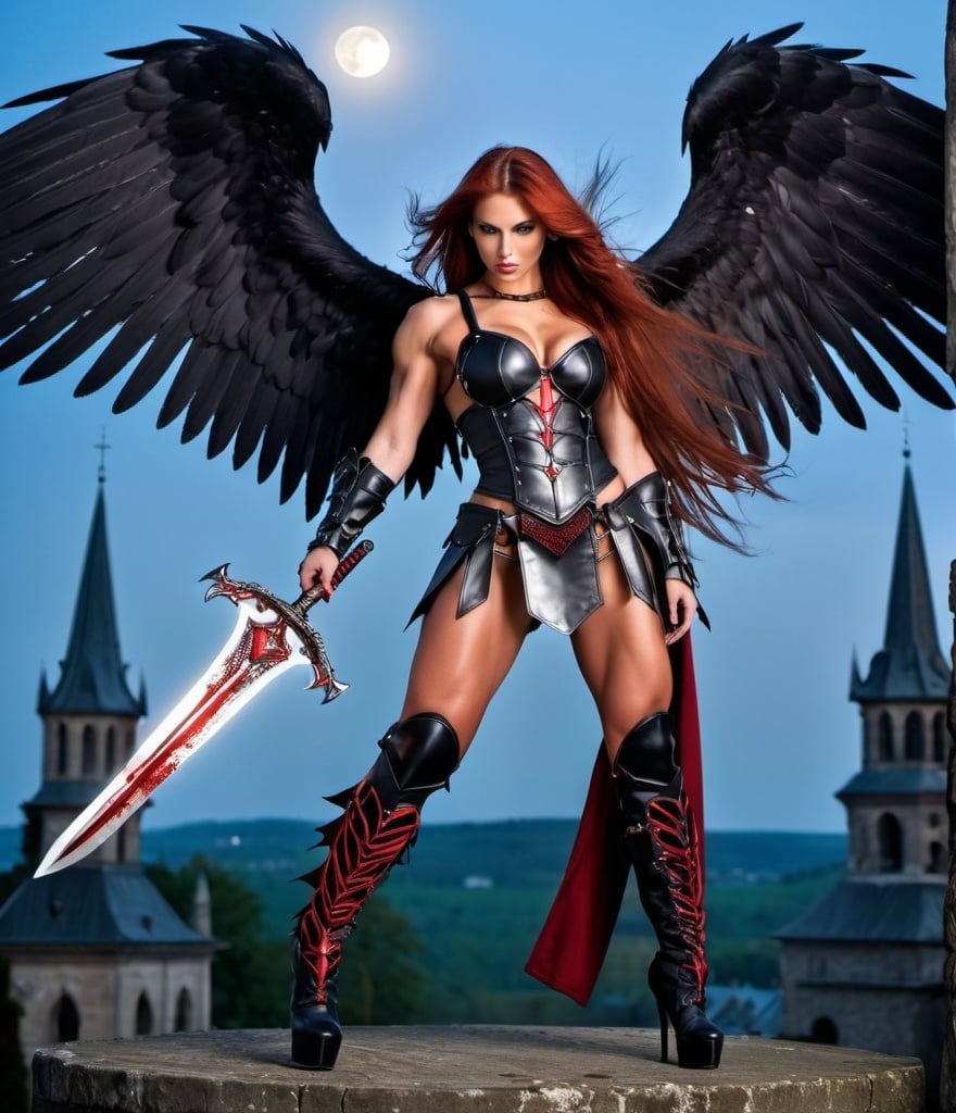 Prompt: Demonic Angel, gorgeous ultra-muscular 25-year-old Czechian bodybuiler with huge busom and ridiculously Long dark red Hair, long muscular legs, Demonic Eyes, Angel WIngs, Full Body, Armor, 8 inch stiletto high heel armour boots, Legendary Sword, Holy, Blood, Raven and Moon in Background