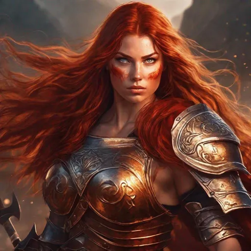Prompt: Gorgeous ultra-muscular 25-year-old Finnish goddess warrior with huge busom and extremely long wavy dark red hair wearing bronze armour and wielding a shimmering golden sword, in a bloody and fiery battle against a vicious demon hoard.  