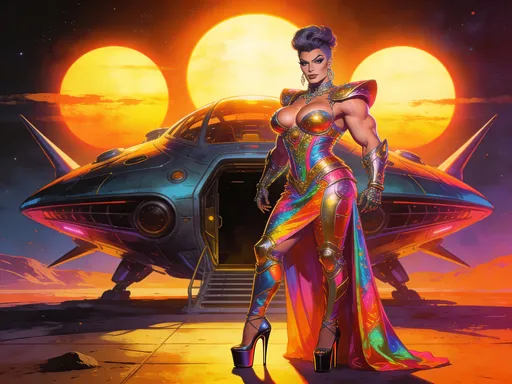Prompt: Gorgeous celestial drag queen (with a very strong masculine brow and jawline)being from another planet with intentions to lure men into her alien ship to breed. Wearing a beautiful brightly colored armored gown and 8 inch stiletto high heel shoes. The alien beings are extremely muscular and have huge busom. Standing in front of her space vehicle as three suns set in the background.