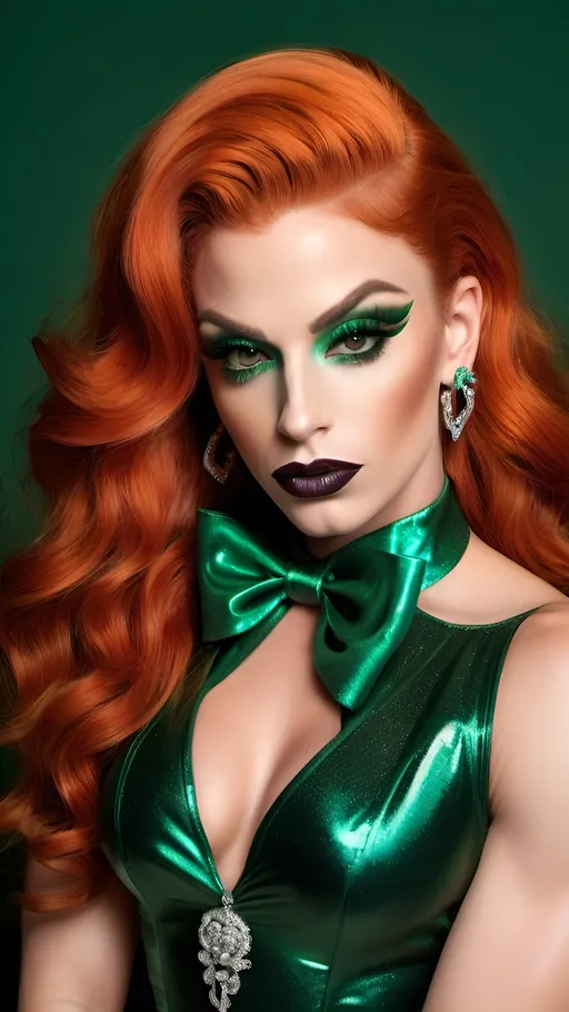 Prompt: a gorgeous ultra-muscular 25-year-old French drag queen bodybuilder with long dark orange wavy hair and a green dimante dress is posing for a p, Chica Macnab, neoclassicism, full round face, dark eye makeup,  dark lipstick, bow earrings with diamond necklace and glossy lips