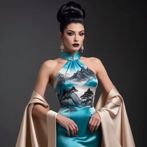 Prompt: The photo shows a gorgeous muscular 30-year-old Turkish drag queen bodybuilder (masculine jawline and brow) with dark eyeshadow, dark lipstick, and long dark orange updo hair, wearing a floor-length A-line gown, featuring a beige or champagne-colored satin top with long, wide sleeves that extend almost to the floor, creating a cape-like effect. The skirt of the dress is adorned with a vibrant, artistic print depicting a landscape of teal and blue mountains in a style reminiscent of traditional Chinese ink wash painting. There are also what appear to be stylized Chinese seals or stamps incorporated into the design. The skirt has a subtle ruffled or tiered detailing at the hem. The neckline is high and closed, in a style similar to a mandarin collar.

The Setting: The background is a simple, solid dark red, which gives the gown and the model a striking contrast and prominence.

