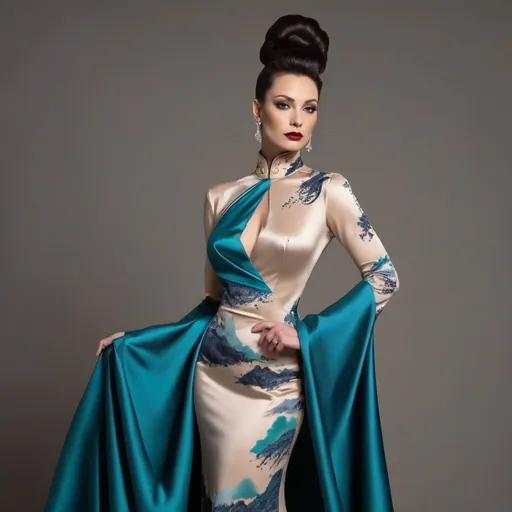 Prompt: The photo shows a gorgeous muscular 35-year-old Hungarian drag queen (masculine jawline and facial features) bodybuilder with large busom, dark orange updo hair, in a long, elegant gown. Here's a description:

The Gown: The dress is a floor-length A-line gown, featuring a beige or champagne-colored satin top with long, wide sleeves that extend almost to the floor, creating a cape-like effect. The skirt of the dress is adorned with a vibrant, artistic print depicting a landscape of teal and blue mountains in a style reminiscent of traditional Chinese ink wash painting. There are also what appear to be stylized Chinese seals or stamps incorporated into the design. The skirt has a subtle ruffled or tiered detailing at the hem. The neckline is high and closed, in a style similar to a mandarin collar.

The model: The model is poised and elegant, her hair neatly pulled back. She wears delicate earrings. She has dark eye makeup,  heavy mascara, and dark lipstick, which enhances her features.

The Setting: The background is a simple, dark red bubbles, which gives the gown and the model a striking contrast and prominence.
