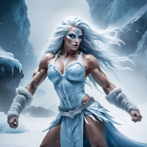 Prompt: a warrior drag queen with defined biceps and icy blue eyes, ultra-muscular, hair flowing in the wind, in a frosty glacier setting, fierce fighting stance, cold and icy knuckles, and snowstorm ambiance, photographed in shades of frosty blues and whites, inspired by Frank Frazetta's style, combat scene, dynamic lighting.