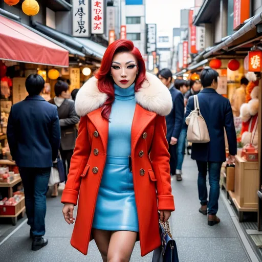 Prompt: Front view of an 25-year-old, muscular, gorgeous Japanese drag queen bodybuilder (very strong masculine jawline and brow features), elegant red wool coat with faux fur trim, light blue blouse, navy blue skirt, black leather stiletto high heel boots, vibrant yellow & orange silk scarf, navy shoulder bag, walking through a bustling Ginza Market in Tokyo, surrounded by colorful autumn leaves, bright sunlight casting warm tones, capturing the lively atmosphere of the marketplace, high detail & quality, 8K, professional photography.