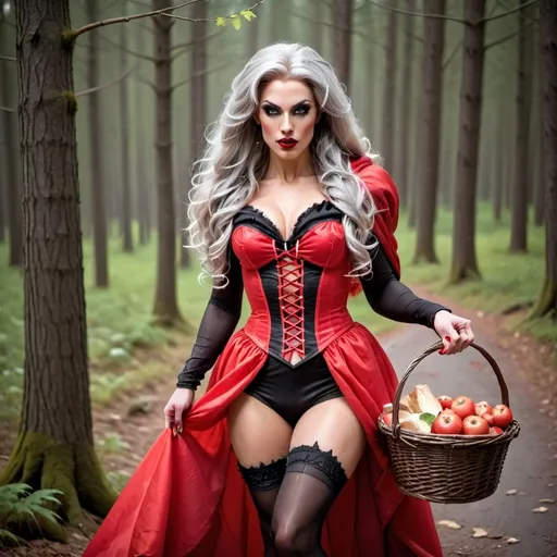 Prompt: Gorgeous 25-year-old (caucasian) muscular Austrian drag queen ((strong masculine jawline and brow)) with fit figure, and ridiculously long wavy silver hair (((blowing in the wind))), dressed as Little Red Riding Hood, black sheer nylon stockings, and 8 inch stiletto high heel shoes, walking through the forest carrying a basket of food.