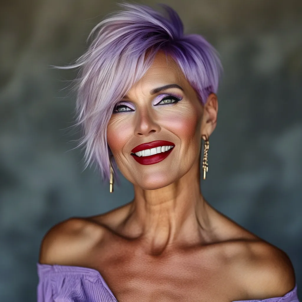 Prompt: side buzzed fade longer updo top cut with a lavender trendy moehawk, hair cut sample, fashion magazine, high focus on trendy hairstyle, gorgeous 60-year-old Finnish drag queen bodybuilder model with thick eyeshadow and dark red lipstick, flirty, confident smile --ar 9:16 --v 6.0