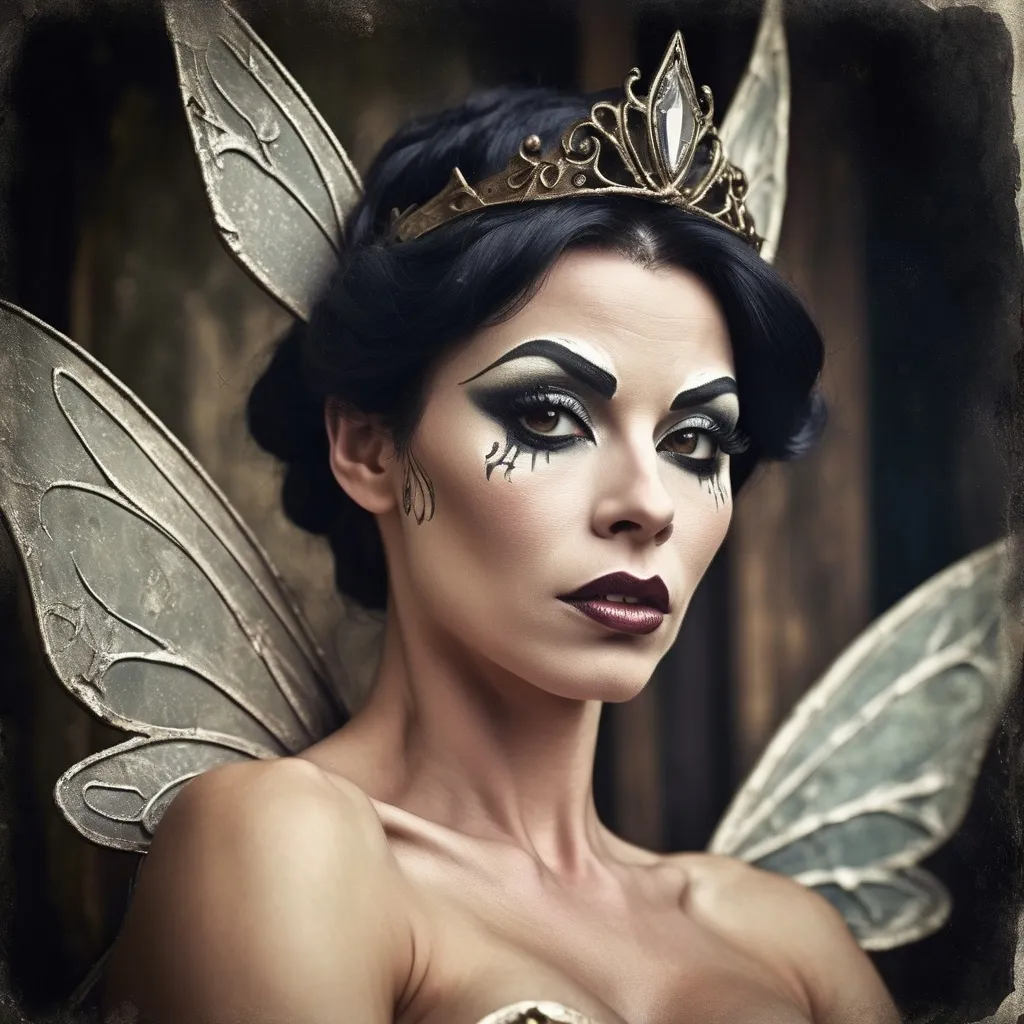 Prompt: Grunge medieval Tinkerbell drag queen bodybuilder (strong drag queen facial features), impasto, old picture effect, whimsical, highres, detailed, medieval, impasto, old picture effect, grunge, Snow White, fairy tale, dark tones, atmospheric lighting