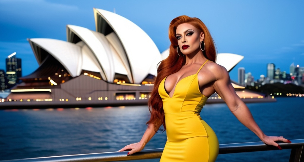 Prompt: Gorgeous ultra-muscular 25-year-old Australian drag queen bodybuilder, ultra-long thick ginger hair (((blowing in the wind))), dark eyeshadow and dark red lipstick, wearing a light yellow knee-high sundress, and 8 inch stiletto high heel shoes standing in front of the Sydney Opera House at night. Muscular physique.