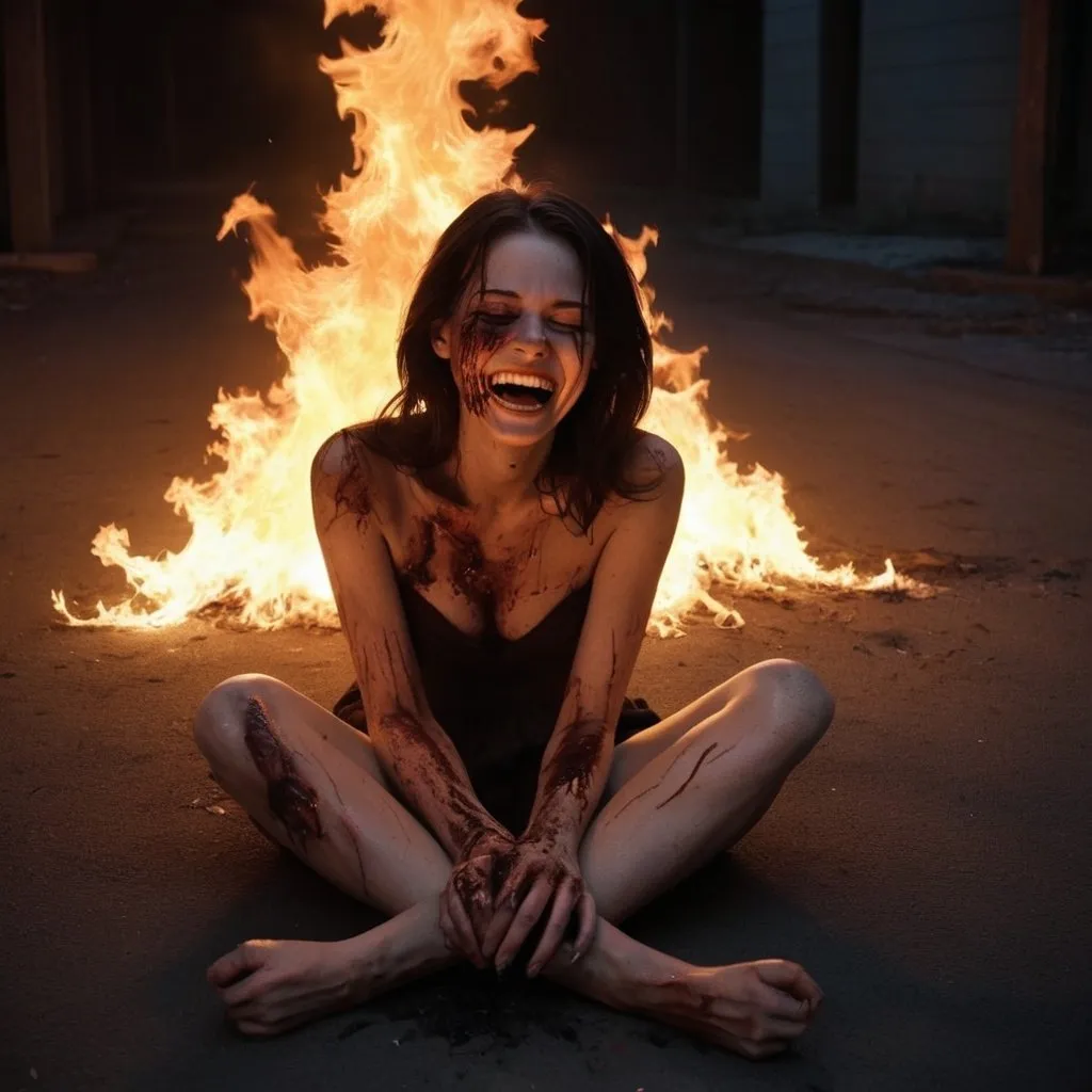 Prompt: Now it's burning her hands
She's turning to laugh
Smiles as the flame sears her flesh
Melting her face, screamin' in pain
Peeling the skin from her eyes
Watch her die according to plan
She's dust on the ground, what did we learn? 