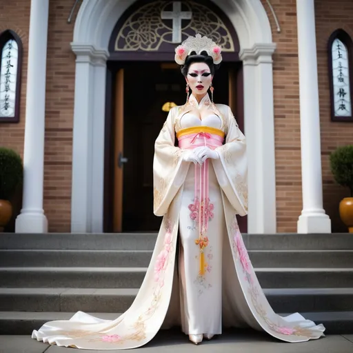 Prompt: A beautiful Chinese drag queen with big busom wears beautiful Hanfu, 8 onch stiletto high heel shoes, and long white silk gloves. She stands outside a modern Catholic church. Full body picture.