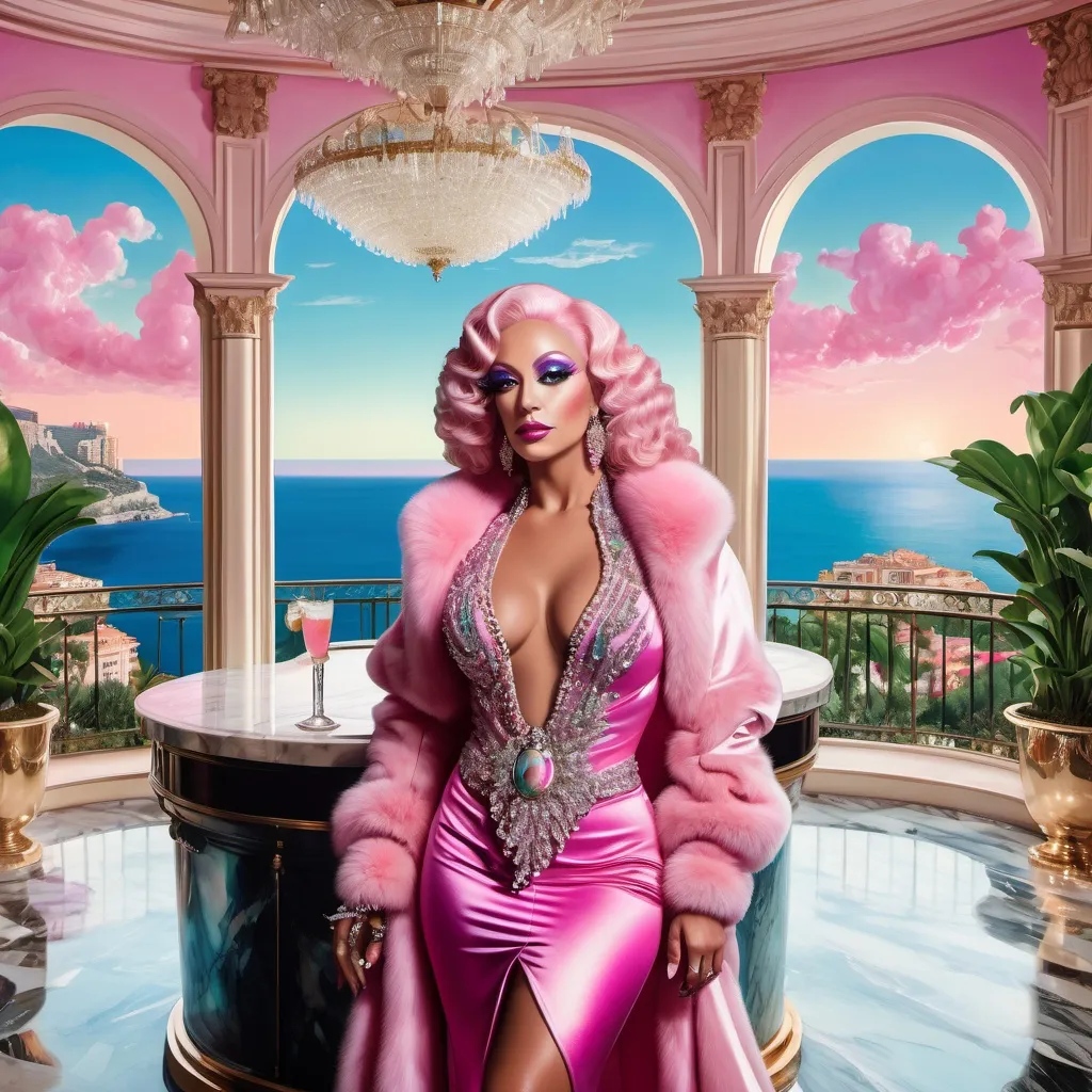 Prompt: An extravagant Mediterranean Monaco Swedish Bulgaria drag queen bodybuilder luxury billionaire super model in mansion 1920's fuscia light pink martini bar with pearls and Swarovski crystal And high ceilings and abalone covered walls and marble floors and micro orchids as a Sandro Botticelli high resolution painting with ocean views