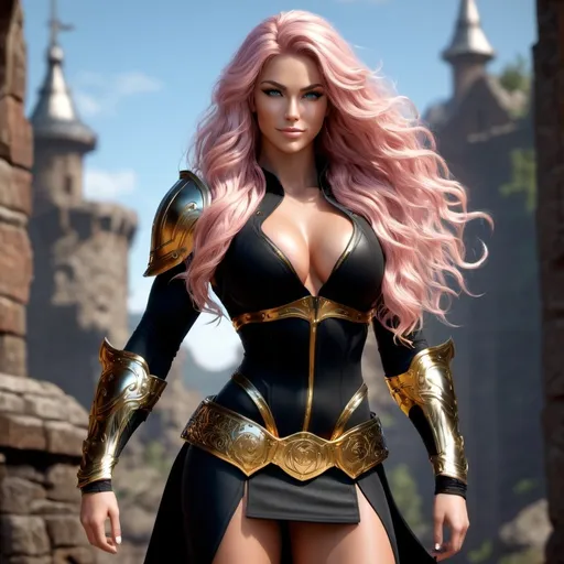 Prompt: Digital Art, gorgeous ultra-muscular 25-year-old viking goddess bodybuilder with huge busom and ridiculously long wavy pink hair, golden gear, black clothes, subtle smile, blue eyes, a black long-sleeve shirt, textured skirt down to knees, black pants, golden armor, 8 inch stiletto high heel boots, golden gear, unreal engine 64k octane, hdr, 3d lighting, full body, full armor