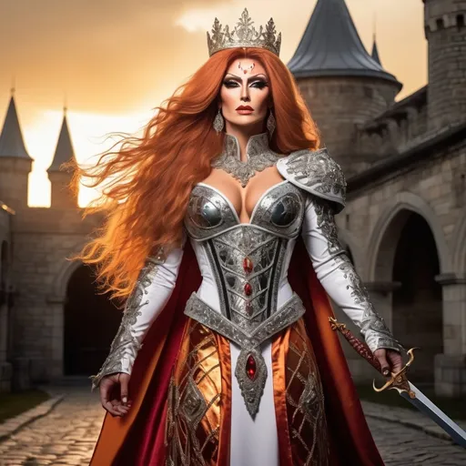 Prompt:  A full-body illustration of a gorgeous muscular 35-year-old Turkish drag queen bodybuilder warrior queen, extremely long straight orange hair with a shining crown resting atop her head, dressed in regal armor that gleams with a shiny silver and golden finish adorned with intricate red and black decorations. She wears a long flowing white fur cloak that billows slightly in the wind, adding a sense of majesty to her presence. In her right hand, she confidently wields a slender sword, its blade reflecting the light. She stands in confident stance  holding the sword up high in a triumphant gesture.  The scene is set on a cobblestone road, with weathered stones beneath her feet, leading up to a grand castle in the background, its towering spires silhouetted against a vibrant sunset. The warm glow of the setting sun casts dramatic shadows, enhancing the queen's powerful stance and the details of her armor.