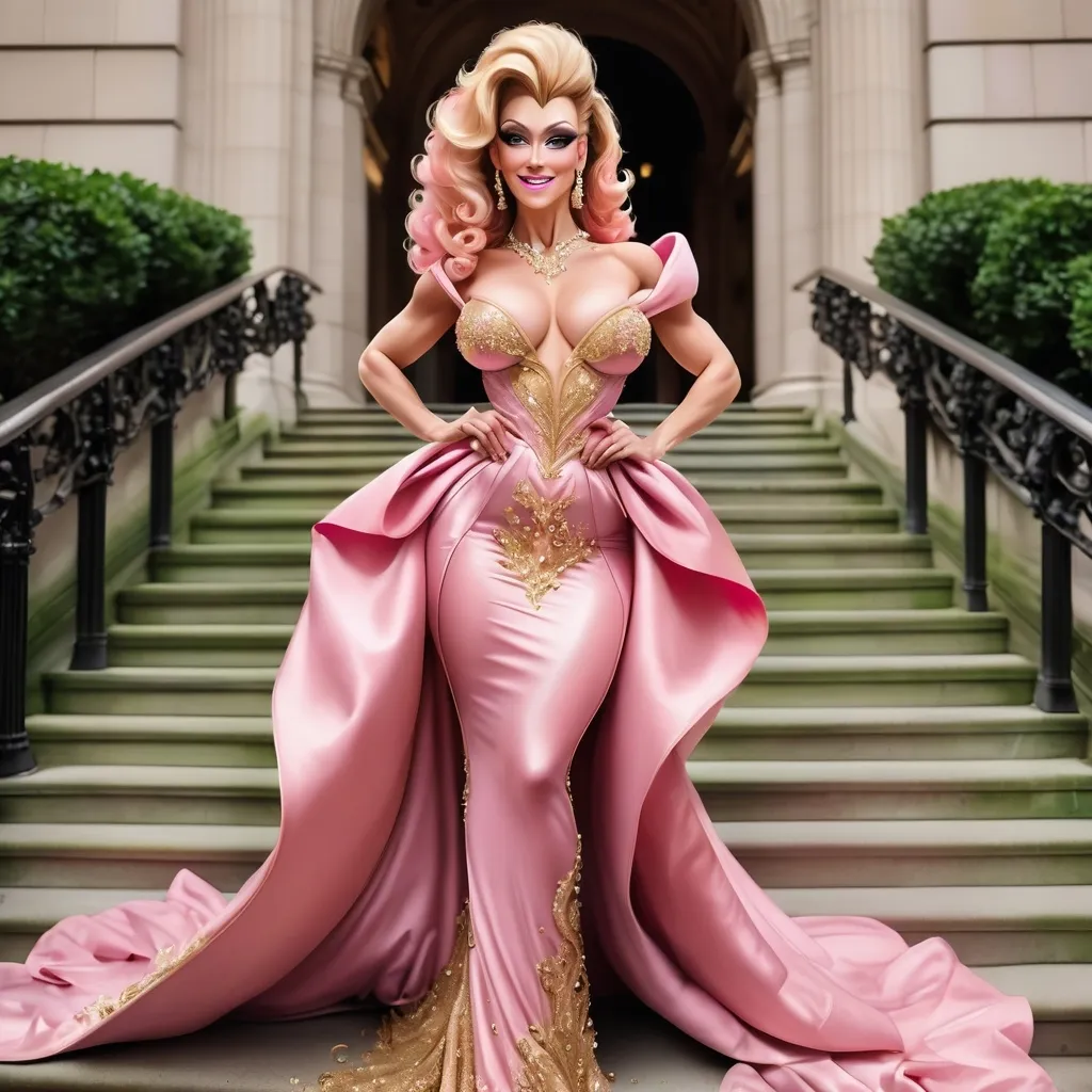 Prompt: Glamour photography of Gorgeous ultra-muscular 25-year-old (Caucasian) French drag queen bodybuilder with a huge busom, and very long wavy pink tight updo hair on the Met Gala steps in New York wearing designer pink and gold gown with long train, intricate details, glitter and jewels, posed 3/4 turn standing, smile, in the style of Guy Aroch