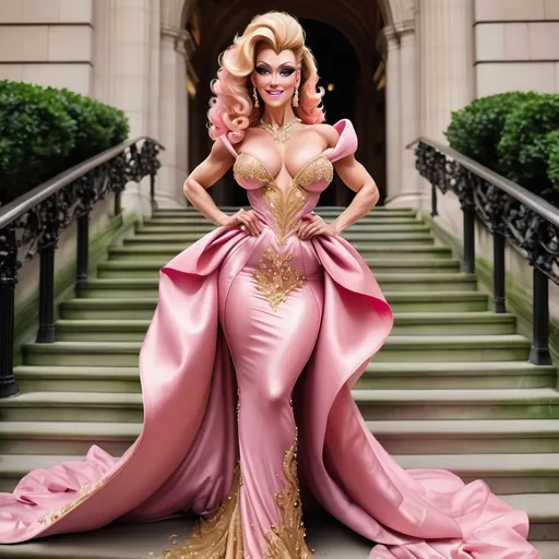 Prompt: Glamour photography of Gorgeous ultra-muscular 25-year-old (Caucasian) French drag queen bodybuilder with a huge busom, and very long wavy pink tight updo hair on the Met Gala steps in New York wearing designer pink and gold gown with long train, intricate details, glitter and jewels, posed 3/4 turn standing, smile, in the style of Guy Aroch