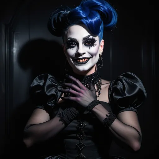 Prompt: A goth drag queen in the shadows with a spooky smile, shaking hands