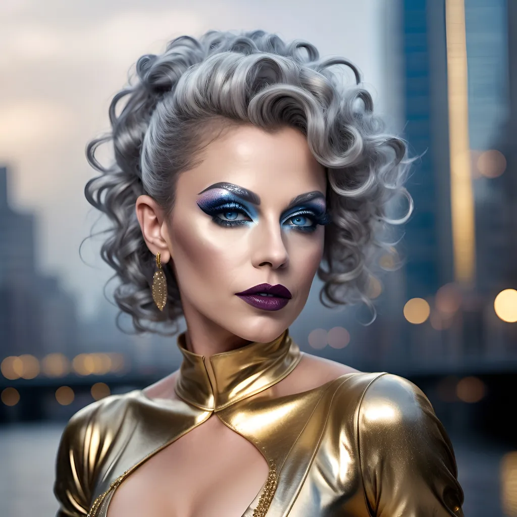 Prompt: (realistic image of futuristic French drag queen age-45), (muscular, pretty, curvy, muscular), light skin, (curly silver updo hair), blue eyes, (dressed in a gold dress), dark eye makeup, dark lipstick, posed flirty, futuristic city background, misty morning, (rich textures), (soft lighting), (ultra-detailed), 4k quality, opulent decor.