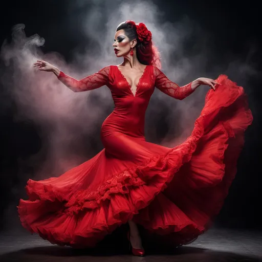 Prompt: a beautiful and sensual 35-year-old drag queen flamenco dancer in red dress dancing gracefully, dark minimalist background, gorgeous detailed face features, background space around her, 
Splash art, hyper detailed, ultra realistic, highly detailed, surreal heavy mist,
Perfect studio lighting, perfect shading, impeccable contrast, HDR, UHD, high res, 64k