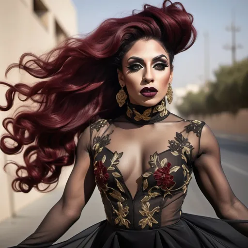 Prompt: Gorgeous ultra-muscular 25-year-old Saudi Arabian drag queen bodybuilder with ridiculously long wavy dark red hair (((blowing in the wind))). Dark smoky eyeshadow and dark red lipstick. Covered turtle neck, Intricate floral gold embroidery, lace see through mesh chiffon fabric, very flowy, Full length image, bronze white embroidery dress ,posing,captured with soft focus and muted colors typical of early film photography, caftan Moroccan dress, tight fitted mermaid, ruffles