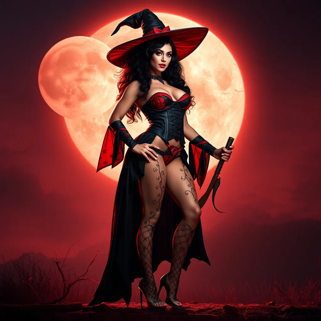 Prompt: a gorgeous ultra-muscular 25-year-old Romanian drag queen bodybuilder in a witches costume standing in front of a full moon, promotional art, strong red hue, ign, (dark long curly hair), heavily upvoted, inspired by Greg Staples, bright red, wearing corset, 8 inch stiletto high heel shoes.