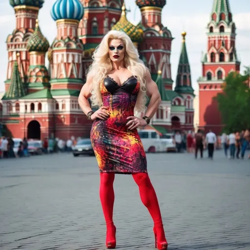 Prompt: Photo of a gorgeous muscular 35-year-old Russian drag queen bodybuilder with very long wavy platinum blonde hair, dark eyeshadow,  dark lipstick, and huge busom, wearing a vivid-colored summer sundress and 8 inch stiletto high heels, fierce expression, standing on a Russian street and the iconic Red Square in the background provide a vibrant, cinematic backdrop.  High-resolution camera with Canon EOS R3 and RF 85mm f/1.2 lens captures