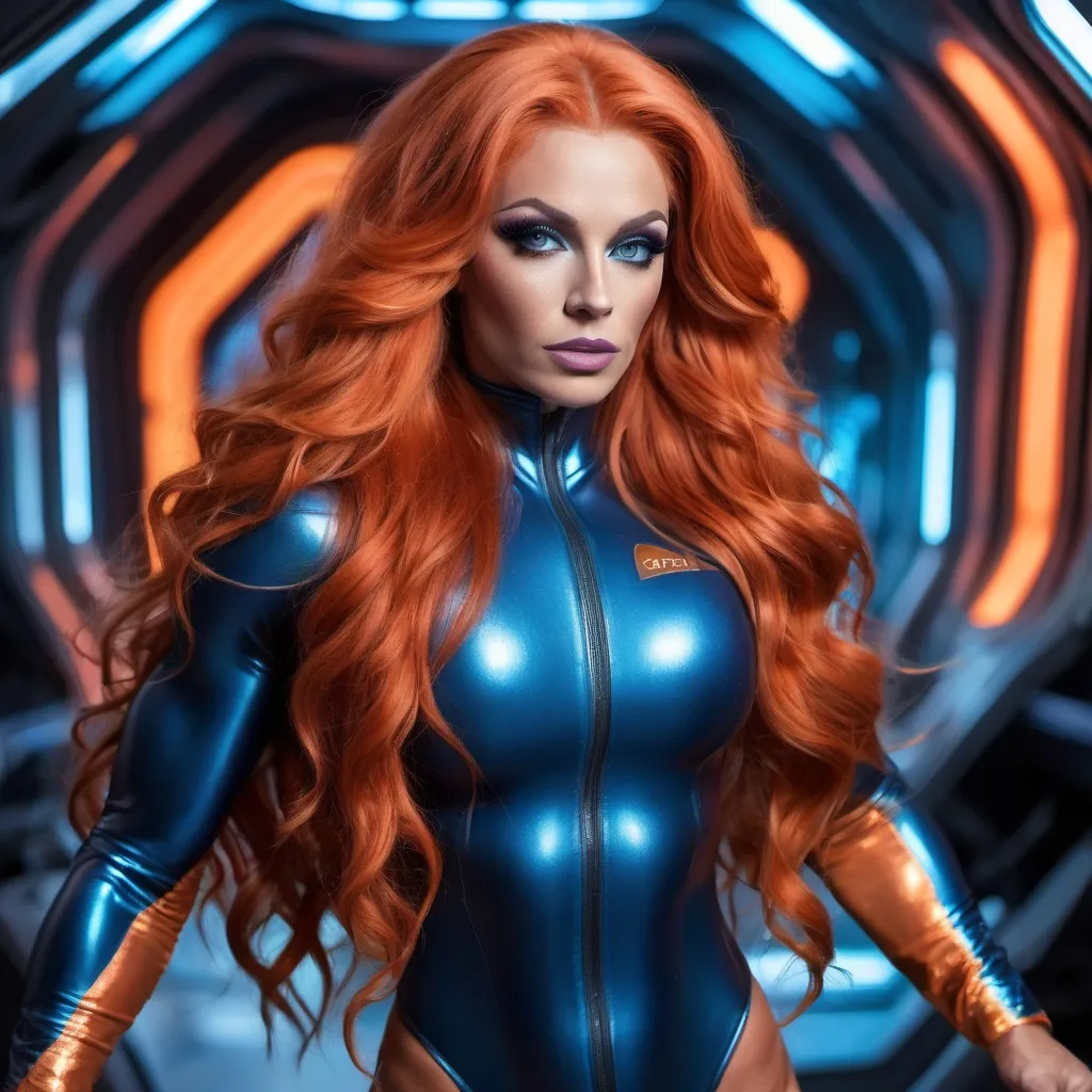 Prompt: Gorgeous ultra-muscular 25-year-old Swedish drag queen bodybuilder with very long wavy Burnt orange hair on a spaceship, science-fiction, barbarlla style, blue eyes  , muscular figure, bodysuit,  crab nebula background,  high definition photography,