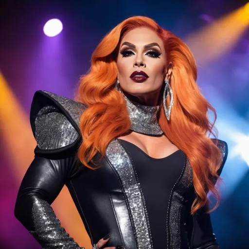 Prompt: Gorgeous muscular 35-year-old superstar drag queen (strong masculine jawline and brow features) with long flowing bright orange hair, dark eyeshadow, and dark red lipstick. Glittery sparkly knee-high sliver high heel boots.  Singing at a big concert 