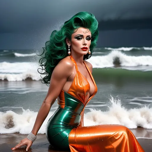 Prompt: photo of James Dean dressed up as a gorgeous ultra-muscular drag queen, in soaking wet clothes, wet silver stiletto high heel sandals, rain storm, dark green ballgown,  , sitting by the sea,   enjoying, wet clothes stuck to body,  detailed textures of the wet clothes, wet face, wet plastered dark orange hair,  wet, drenched, professional, high-quality details, full body view , blonde