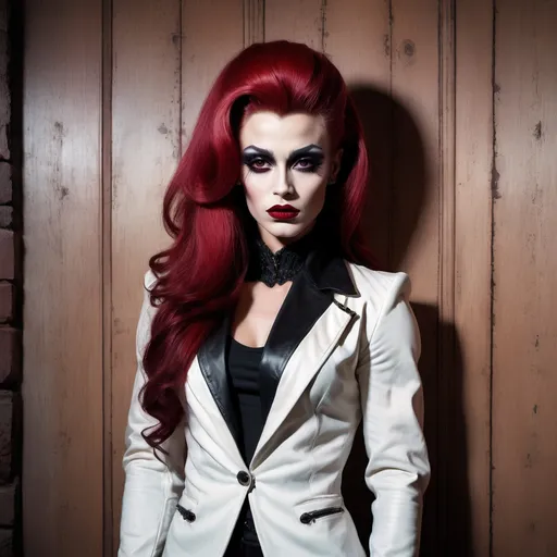 Prompt: (gothic art), imagine James Dean dressed as a gorgeous ultra-muscular 25-year-old Swedish drag queen bodybuilder with (striking dark red makeup and lipstick), wearing a (white jacket) draped over her head, (mysterious gaze) directed at the camera, (dramatic pastel colors), (moody ambiance), rich textures, (ultra-detailed wooden floor) in the background, evoking an eerie yet captivating vibe, (high quality) image, beautifully composed and expressive.