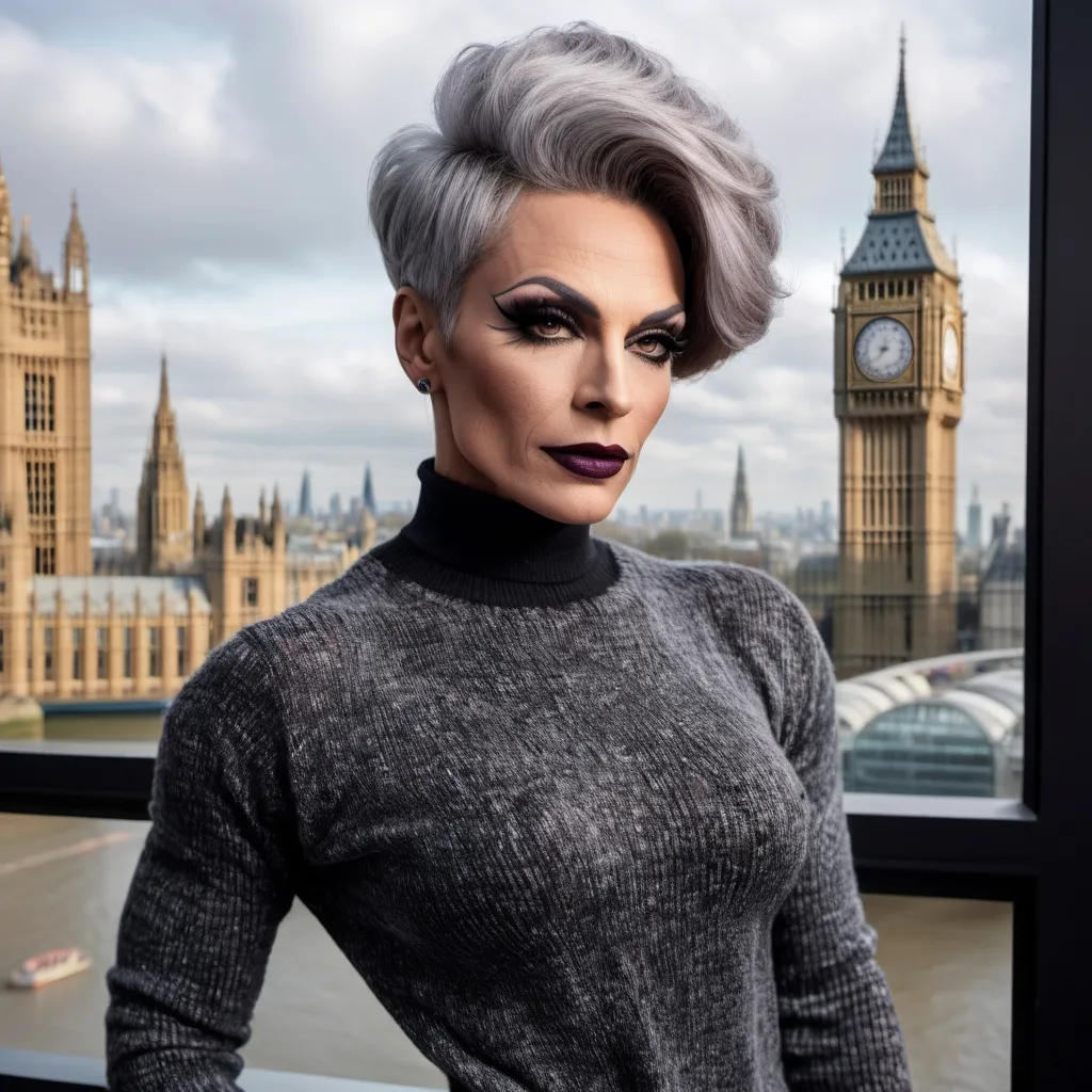 Prompt: Gorgeous muscular 45-year-old French drag queen with strong masculine jawline,  short swept over graying hair, dark eyeshadow, and dark lipstick, in the CAD office wearing a chenille knitted sweater, next to the window with London city and Big Ben view