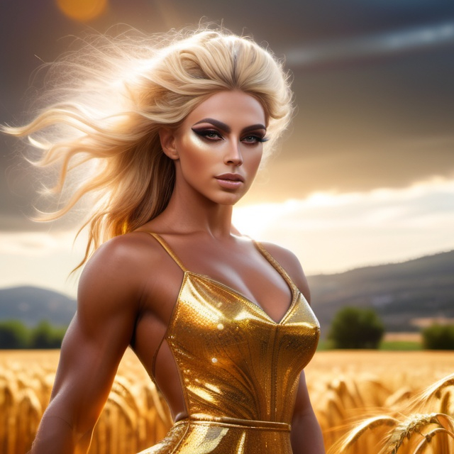 Prompt: HD 4k 3D 8k professional modeling photo hyper realistic gorgeous ultra-muscular 25-year-old Greek drag queen bodybuilder ethereal greek goddess of grain, agriculture, harvest, growth, and nourishment
blonde hair hazel eyes gorgeous face tan skin yellow shimmering dress full body surrounded by magical glowing sunlight hd landscape background of enchanting mystical wheatfield