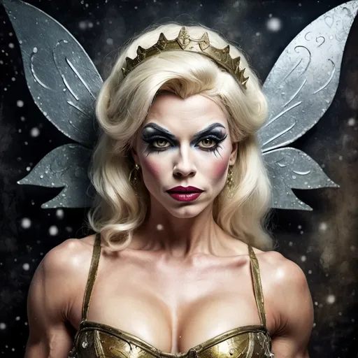 Prompt: Grunge medieval Tinkerbell drag queen bodybuilder (strong drag queen facial features), impasto, old picture effect, whimsical, highres, detailed, medieval, impasto, old picture effect, grunge, Snow White, fairy tale, dark tones, atmospheric lighting
