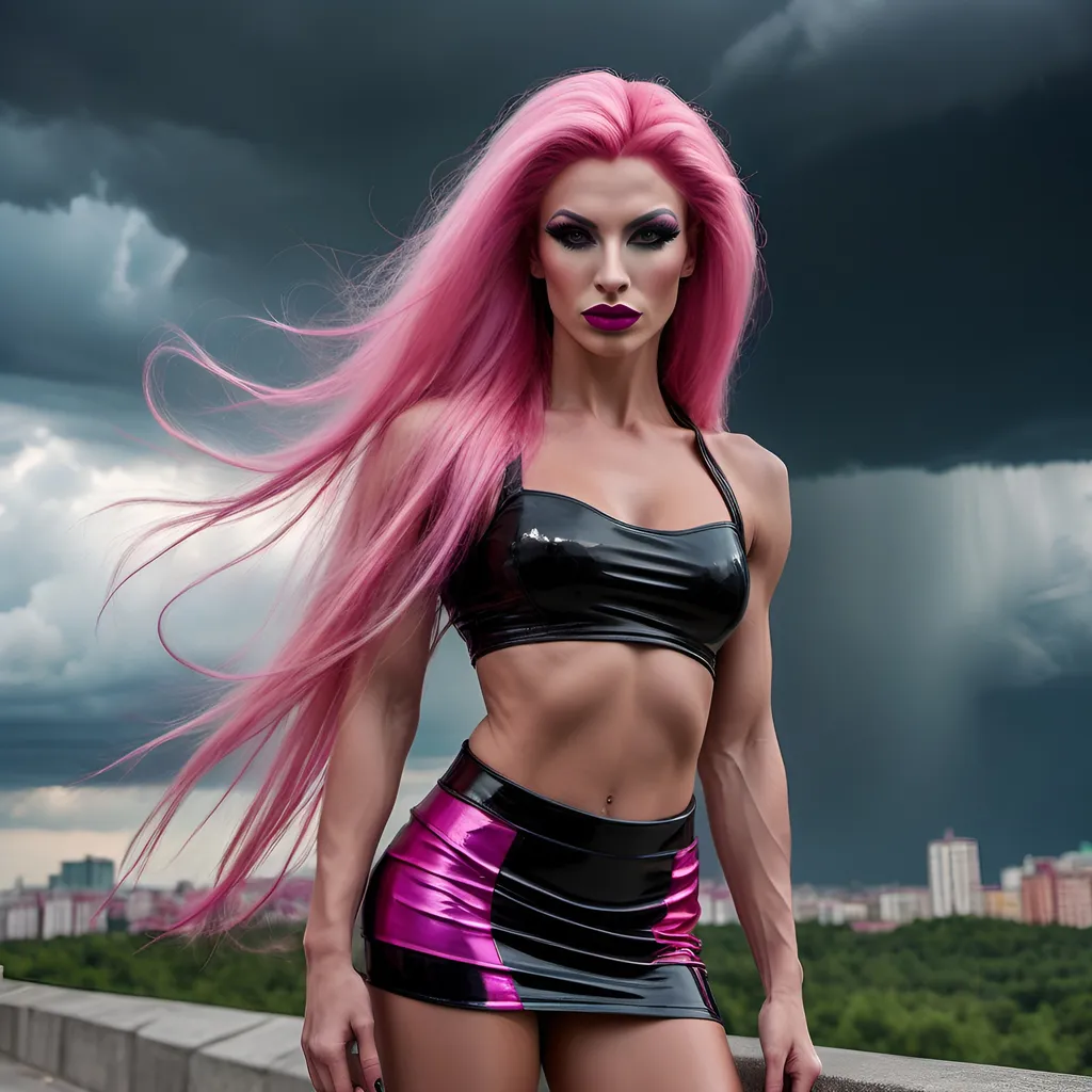 Prompt: Gorgeous ultra-muscular 25-year-old Serbian drag queen bodybuilder with ridiculously long straight shiny pink hair (blowing  in  the  wind) in colorful neon pink and black miniskirt, snmokey eye shadow, dark mascara, dark red lipstick, highly detailed face, UHD, volumetric lighting, standing on a bluff, distant storm approaching Moscow, futuristic fashion, elegant pose, cityscape, urban, intense gaze, highres, ultra-detailed, glamorous, fashion, atmospheric lighting, modern