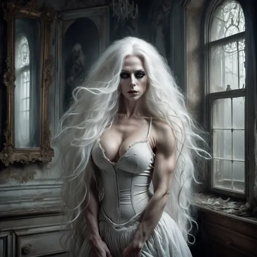 Prompt: Single image: A gorgeous dreamy ghostly muscular 35-year-old German drag queen bodybuilder with big busom, and ridiculously long flowing ghostly white hair remains alone and eternally sad in her haunted Victorian Old mansion waiting for her long lost love to return art by Daria Endresen, John Reuss, Lin Fengmian, Robert Ryman, Elger Esser, Rimel Neffati. 3d, watercolors and ink, beautiful, fantastic view, extremely detailed, intricate, best quality, highest definition, zoomed in, hyper-muscular, muscles