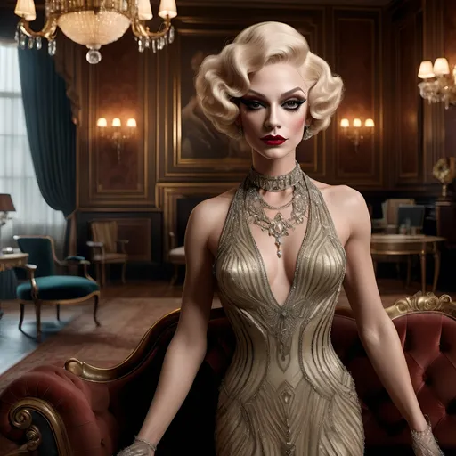 Prompt: A stunning, cinematic gigapixel photo masterfully blending photography and digital art, enhanced by the power of Unreal Engine 5 and NVIDIA Ray Tracing technology. The scene transports us to a luxurious drawing room in the 1920s, where a gorgeous, muscular, young, French drag queen in an exquisite, flowing dress stands amidst opulent furnishings and intricate details. She has a beautiful, yet strong masculine jawline and brow. She holds a delicate fan, her thoughtful and melancholic expression hinting at the complex social games and intrigues of the era. The composition captures the glamour and elegance of the time, with a focus on the detailed interiors and her subtle facial expressions, reflecting the layered emotions and societal expectations of her during that time., cinematic, photo, fashion