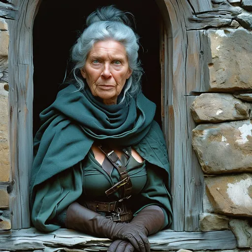 Prompt: Wizened, yet vital, the sorceress Richeldis the Grim peers from the window of her grey stone tower. She is a gorgeous, ultra-muscular middle-aged Swiss goddess bodybuilder, her grey hair swept up in an untidy bun pinned with chalcedony rods. She wears practical garments: a dark green woollen shawl, a sturdy linen chemise, a worn leather bodice, and 8 inch stiletto high heel boots. 