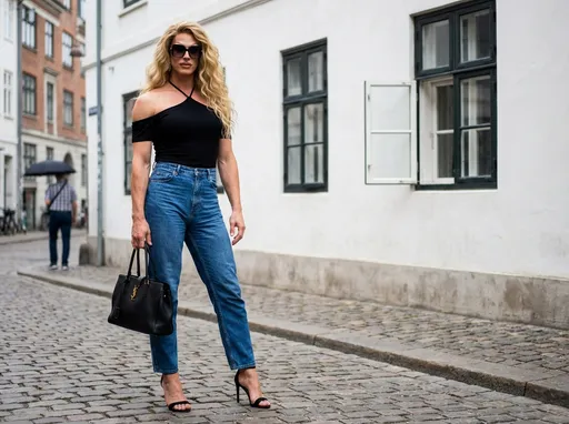 Prompt: This photograph features a tall, muscular 35-year-old French drag queen with very long, wavy blonde hair cascading over her right shoulder. She is standing confidently in the middle of a cobblestone street in an urban setting. She is wearing an off-the-shoulder, black halter-neck top that fits snugly, accentuating her fit physique. Her high-waisted, blue jeans are form-fitting and taper at the ankles, emphasizing her long,  toned legs. She completes her outfit with black, open-toed 7 inch stiletto high-heeled shoes. She is accessorizing with large, dark sunglasses and a black leather handbag with a gold Gucci logo, which she holds in her right hand. Her left arm hangs relaxed by her side. The background includes a building with white walls and black-framed windows, with one window open and a black umbrella visible in the distance to the right. The sunlight casts soft shadows, indicating it is a bright day. The overall style is chic and modern, with a focus on high fashion. The image captures a sense of urban elegance and confidence.