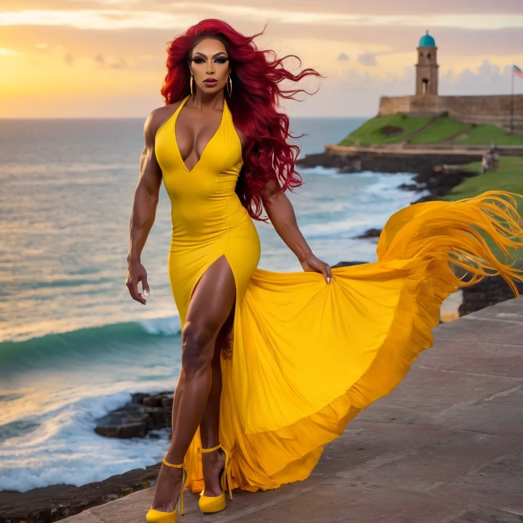 Prompt: Gorgeous,  muscular, 25-year-old Puerto Rican drag queen bodybuilder, very well endowed, long muscular legs,  muscular physique, and ultra-long wavy full dark red hair (((blowing in the wind))) wearing fringed yellow & red tight dress, gorgeous immaculate makeup and 8 inch stiletto high heel shoes posing near Castillo San Felipe del Morro at dusk. Windy weather.