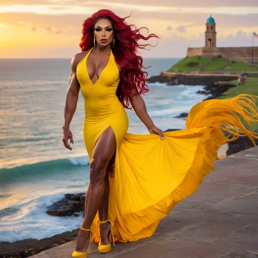 Prompt: Gorgeous,  muscular, 25-year-old Puerto Rican drag queen bodybuilder, very well endowed, long muscular legs,  muscular physique, and ultra-long wavy full dark red hair (((blowing in the wind))) wearing fringed yellow & red tight dress, gorgeous immaculate makeup and 8 inch stiletto high heel shoes posing near Castillo San Felipe del Morro at dusk. Windy weather.