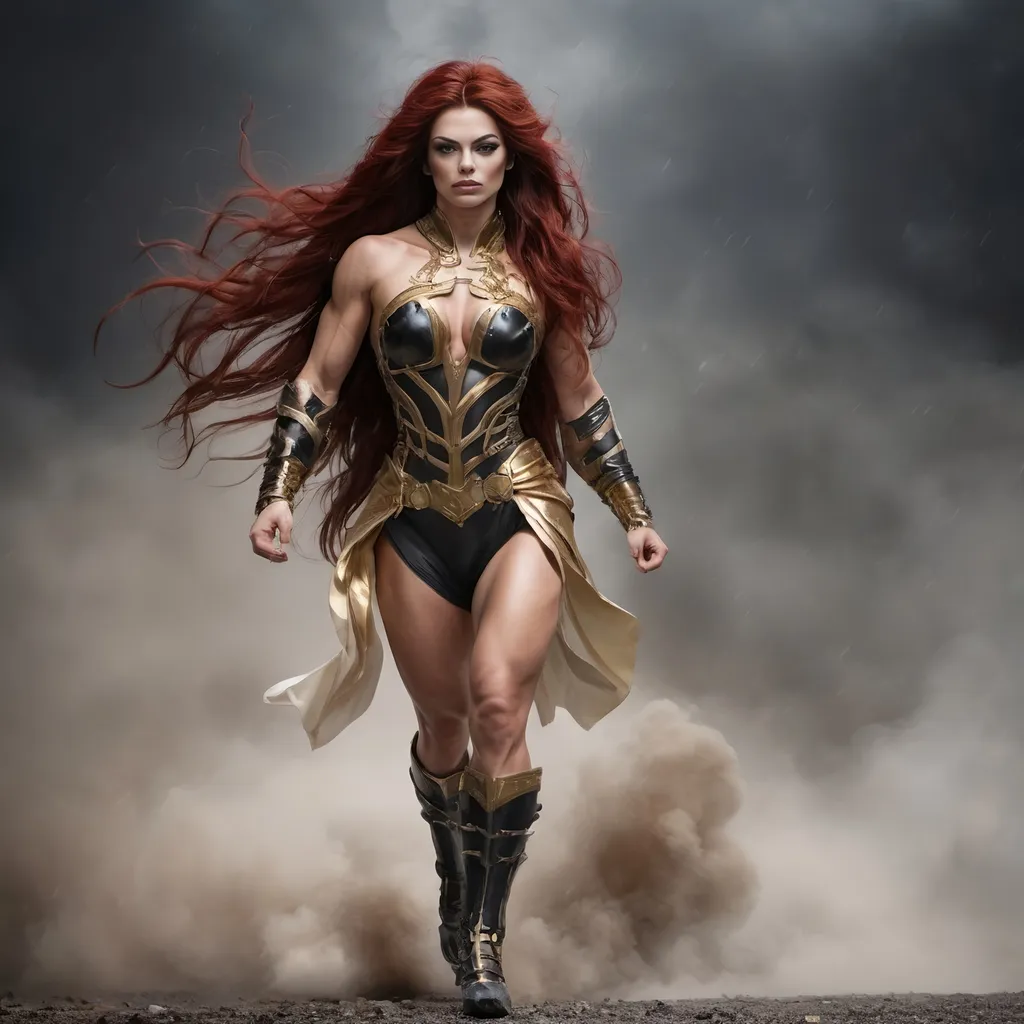 Prompt: Provide A full body, 4k resolution, photo of a gorgeous ultra-muscular 25-year-old Swedish drag queen bodybuilder with extra long dark red hair (((blowing in the wind))) wearing warriors. Black and gold armor, fighting of an ancient evil.