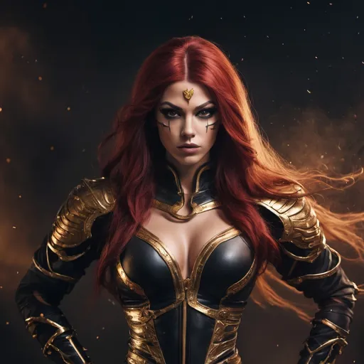 Prompt: Provide A full body, 4k resolution, photo of a gorgeous ultra-muscular 25-year-old Swedish drag queen bodybuilder with extra long dark red hair (((blowing in the wind))) wearing warriors. Black and gold armor, fighting of an ancient evil.