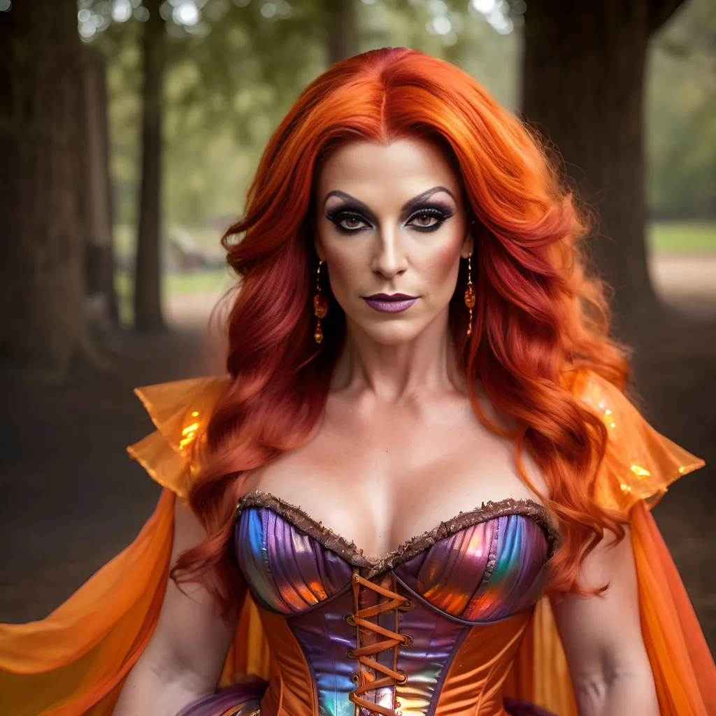 Prompt: Gorgeous muscular 35-year-old British drag queen (strong masculine  jawline and brow features) with burnt orange hair wearing a fire fairy Renaissance fair outfit, gauzy and iridescent fabric, iridescent billowing layered gypsy dress and cinched corset, flowy sleeves, shiny translucent iridescent red orange yellow
