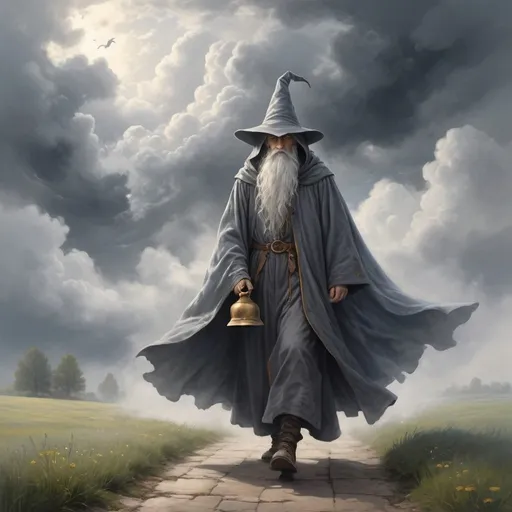 Prompt: Misty morning, clouds in the sky
Without warning, a wizard walks by
Casting his shadow, weaving his spell
Long, grey cloak, tinkling bell